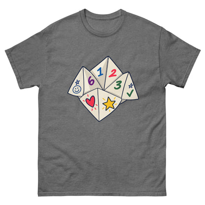Front of Graphite Heather unisex T-shirt showing a numbered paper fortune teller with colourful playground doodles