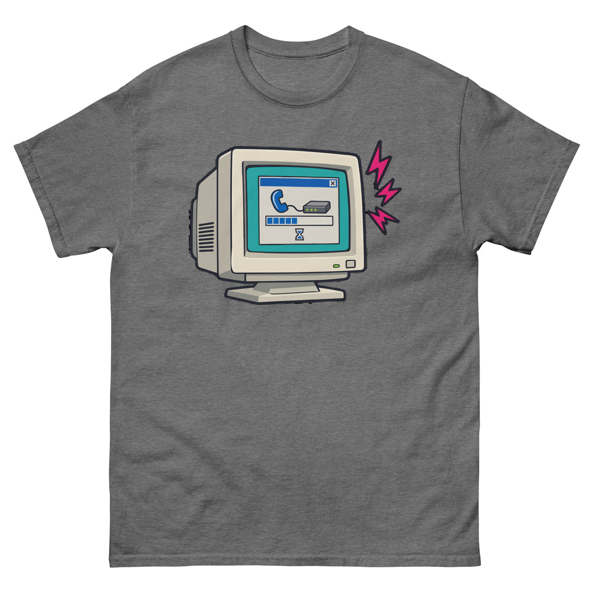 Front of graphite heather Dial-Up Internet Retro Computer T-Shirt with a CRT monitor and modem connection window design