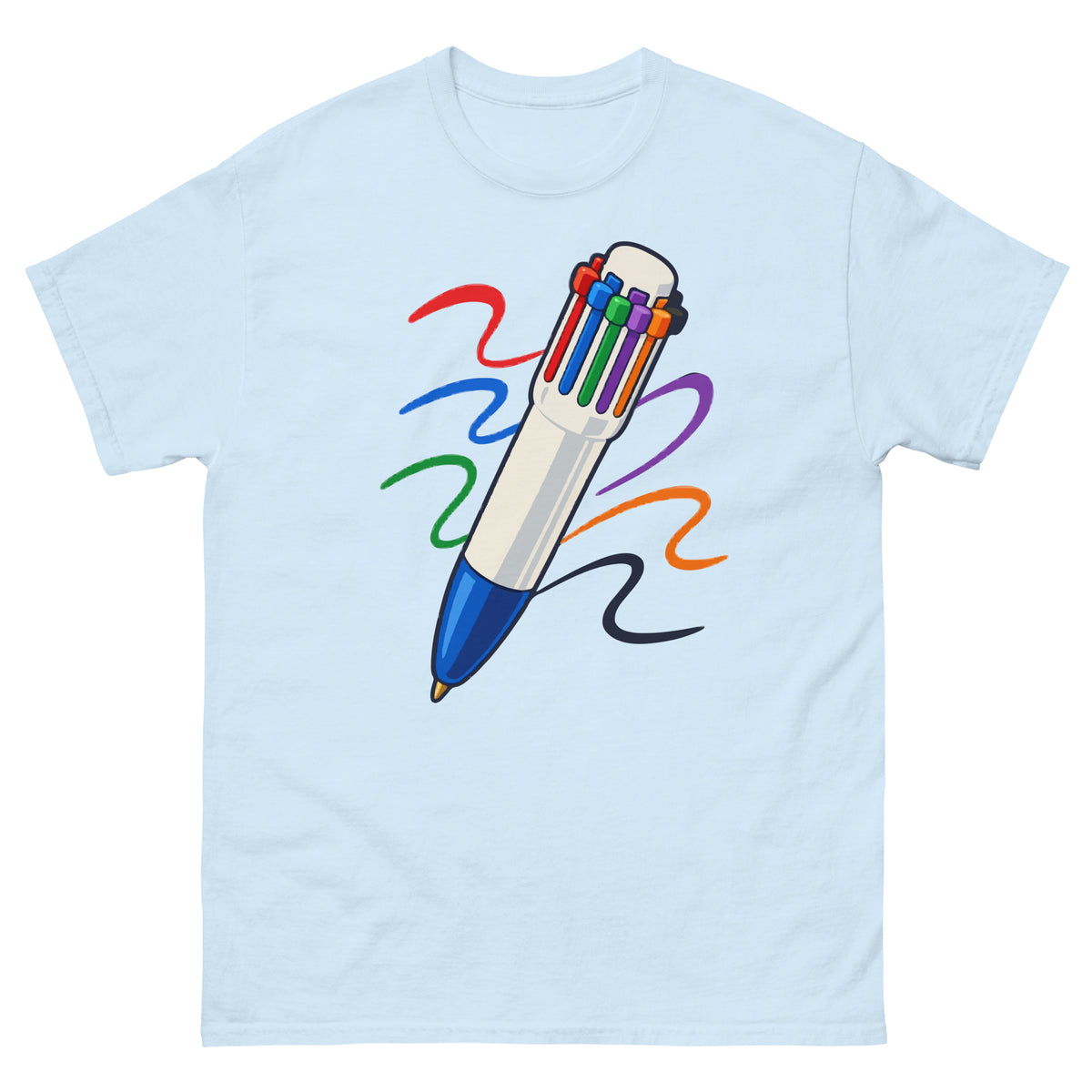 Front of Light Blue unisex T-shirt showing a multicolour click pen with colourful ink trails