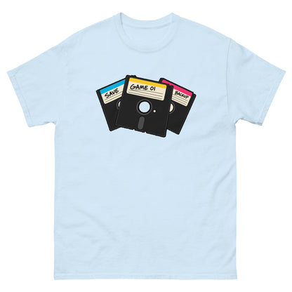 Front of light blue 5.25-Inch Floppy Disk Retro Computer T-Shirt with stacked black disks and colourful labels