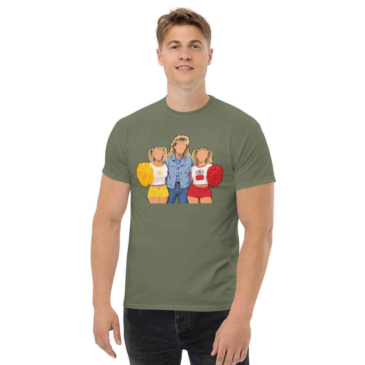 Military Green YOU KNOW WHO #003 faceless trio graphic T-shirt, worn front mock-up