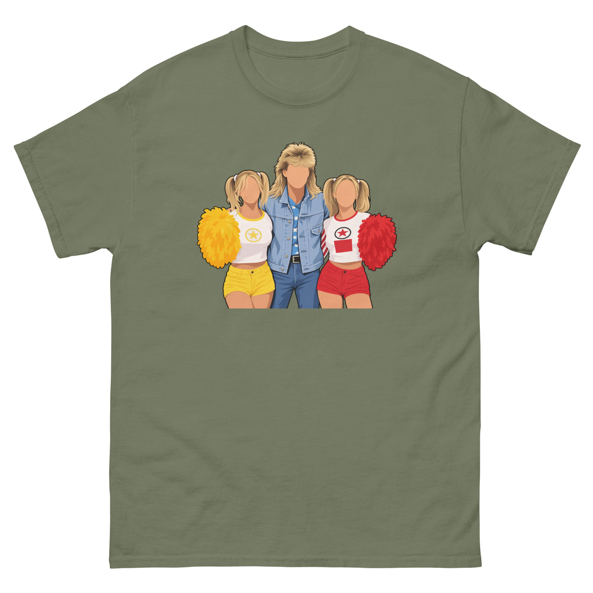 Military Green YOU KNOW WHO #003 faceless trio graphic T-shirt, front mock-up