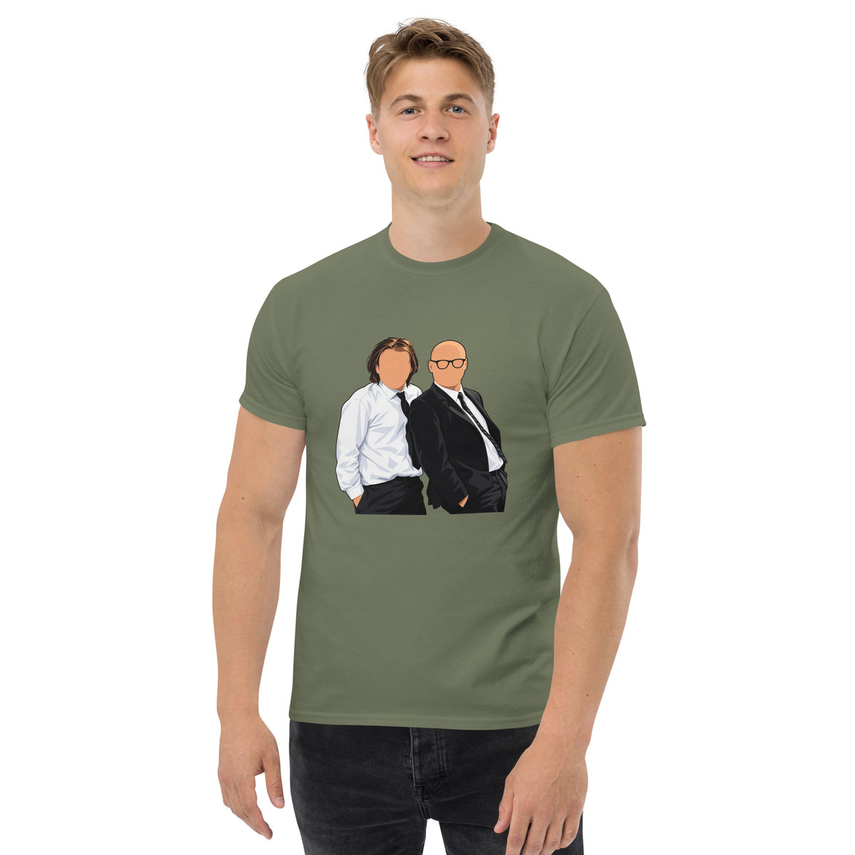 Military Green YOU KNOW WHO #001 faceless duo graphic T-shirt, worn front mock-up