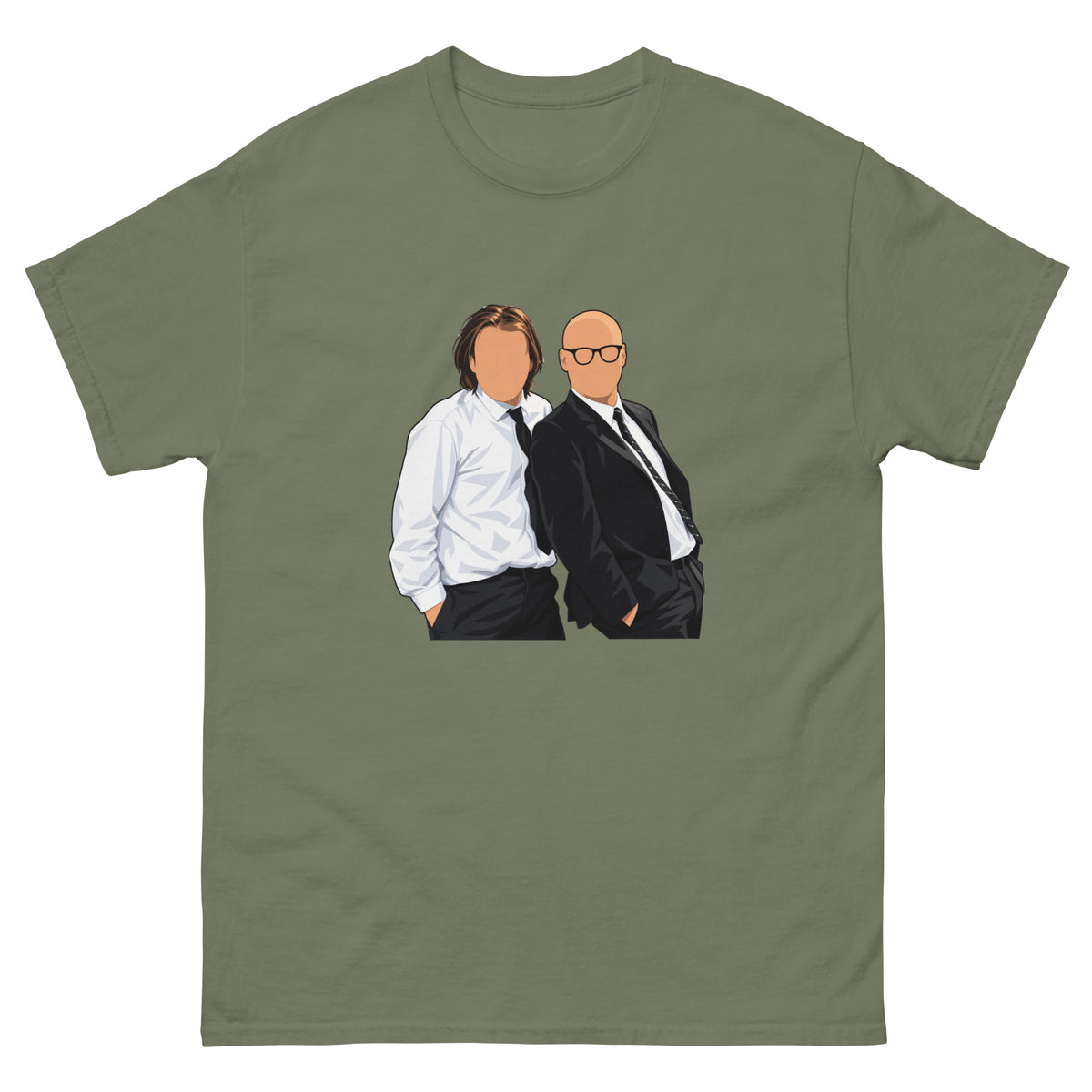 Military Green YOU KNOW WHO #001 faceless duo graphic T-shirt, front mock-up