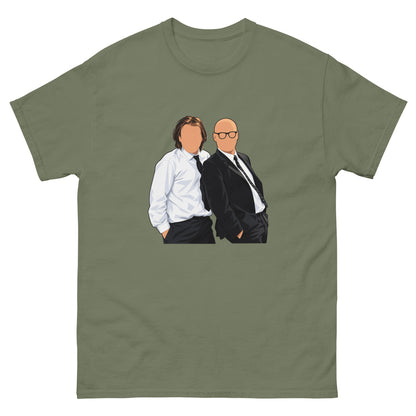 Military Green YOU KNOW WHO #001 faceless duo graphic T-shirt, front mock-up