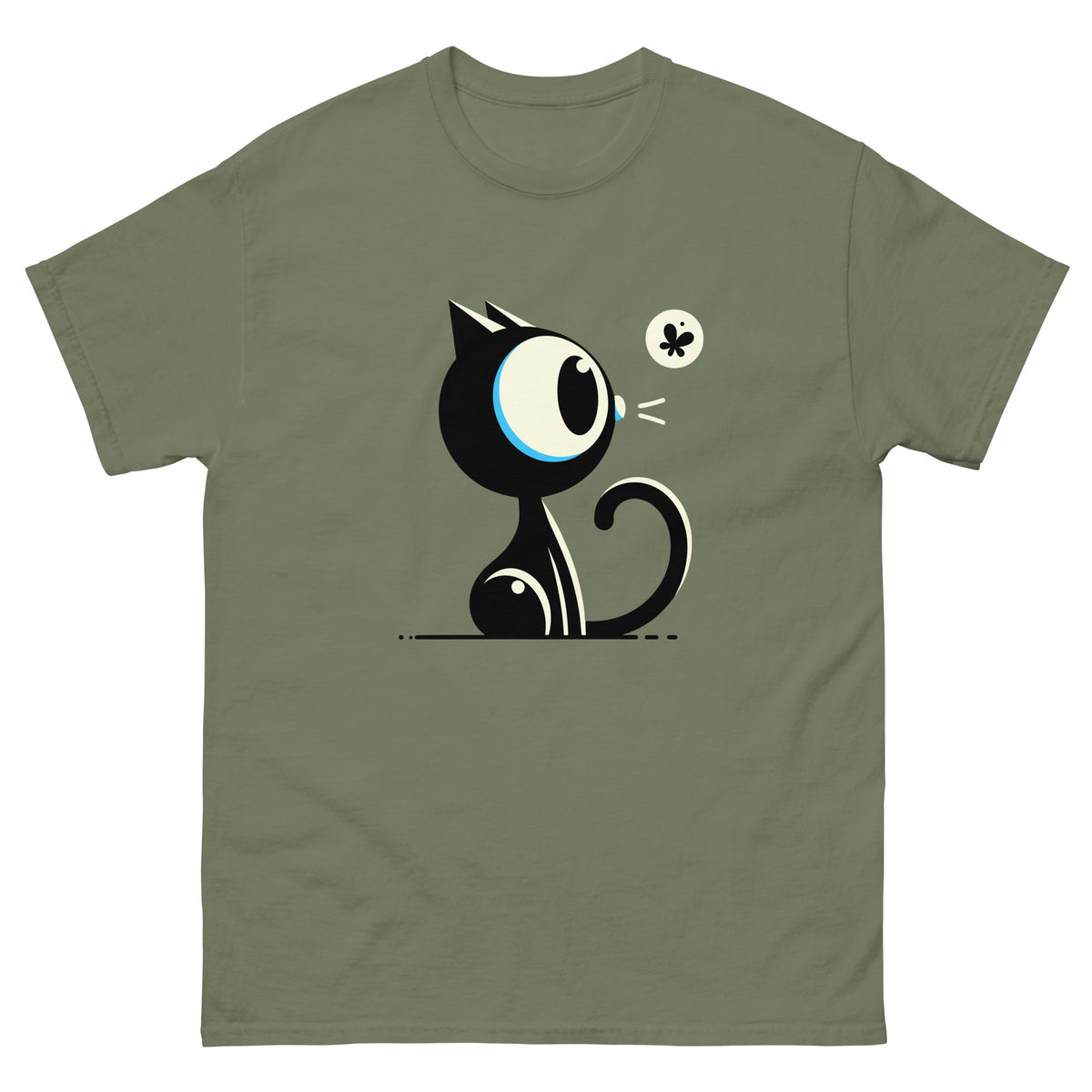 Military Green unisex T-shirt showing a wide-eyed black cartoon cat watching a moth, front view