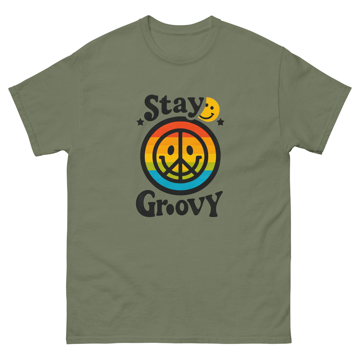Military Green 70s - Stay Groovy T-Shirt, front view