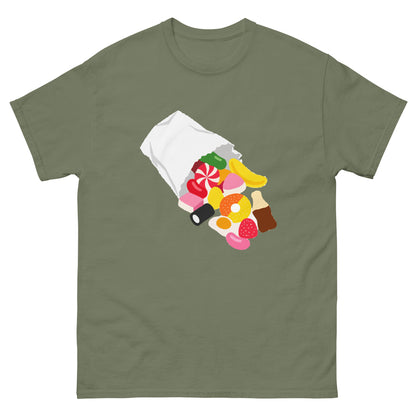 Front of Military Green unisex T-shirt showing a paper sweet bag spilling colourful pick-and-mix sweets