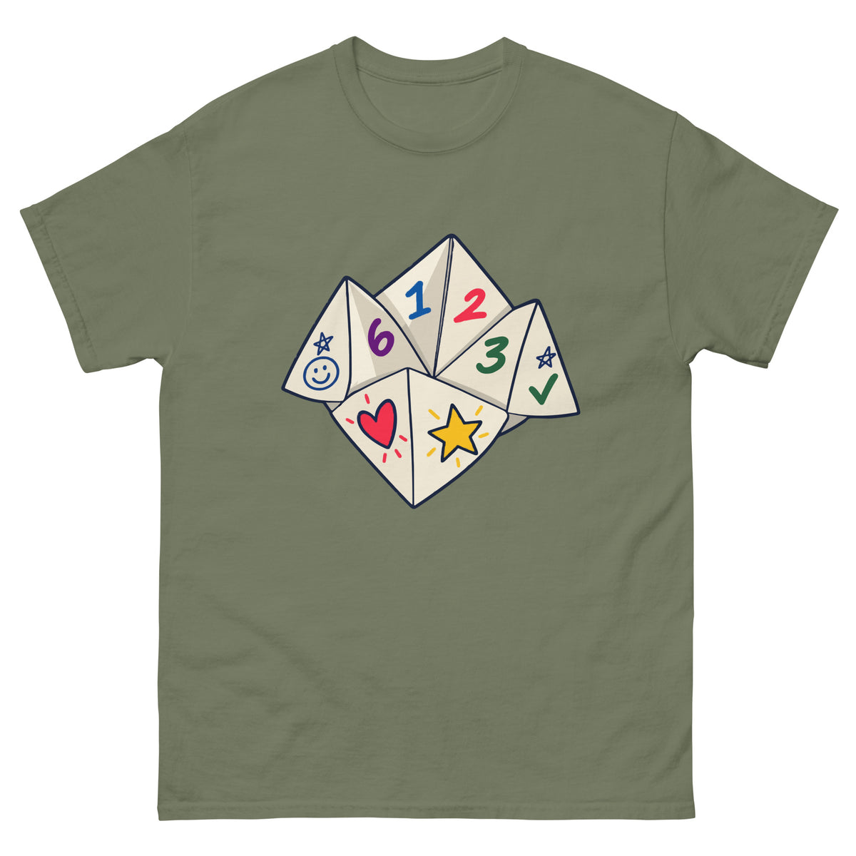Front of Military Green unisex T-shirt showing a numbered paper fortune teller with colourful playground doodles
