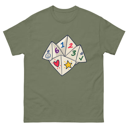 Front of Military Green unisex T-shirt showing a numbered paper fortune teller with colourful playground doodles