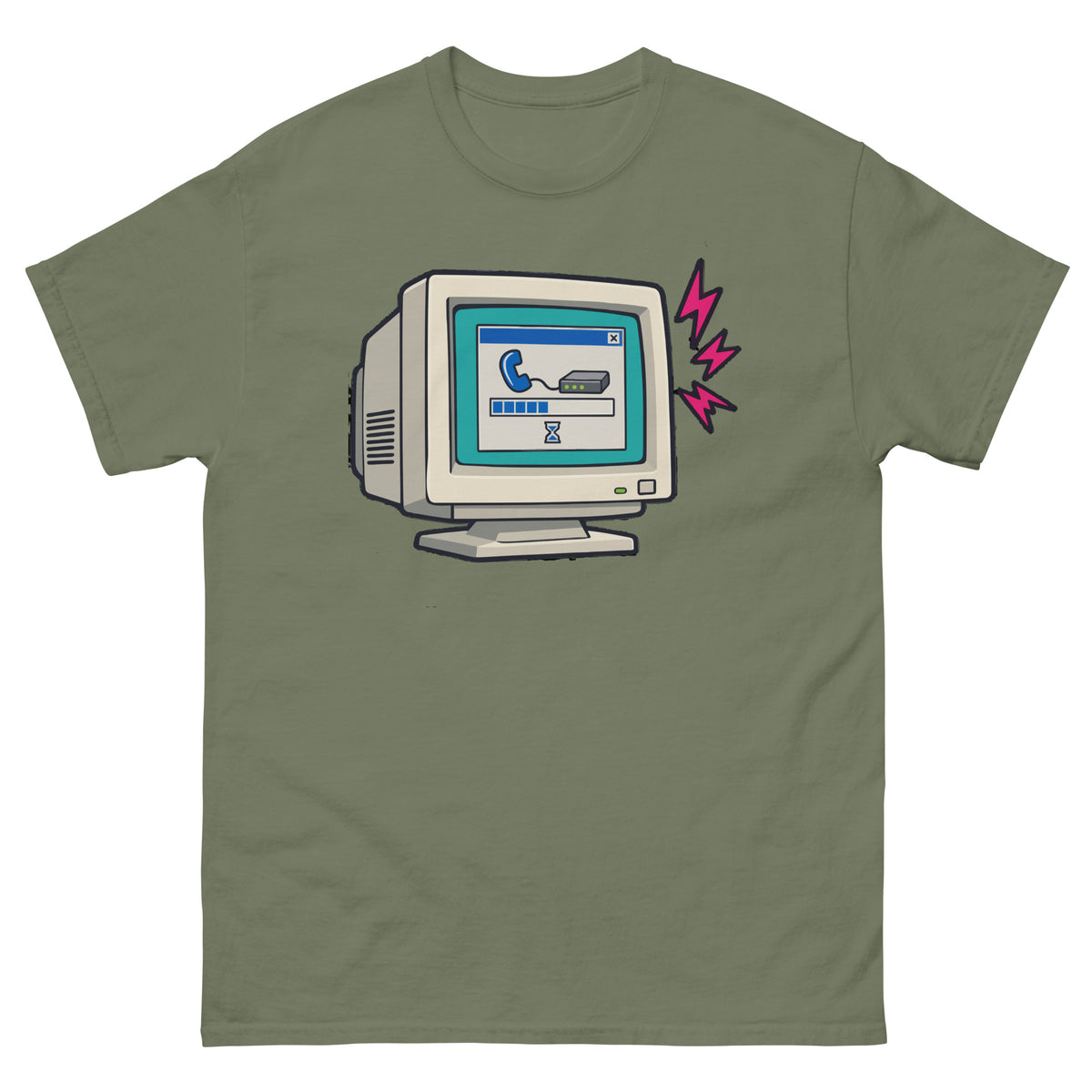Front of military green Dial-Up Internet Retro Computer T-Shirt with a CRT monitor and modem connection window design