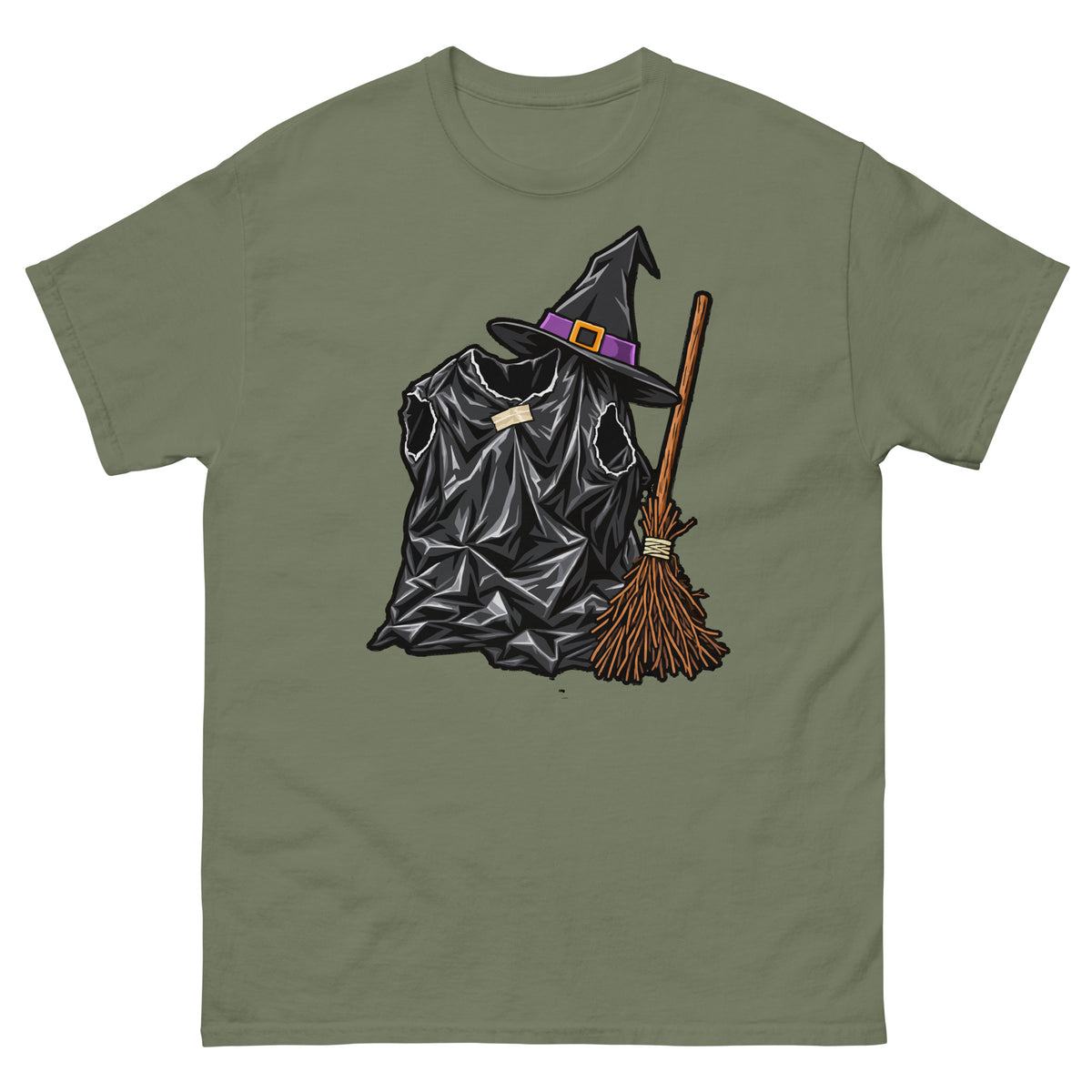 Military Green unisex T-shirt with a black bin-liner witch costume, pointed hat with purple band and broom, front view