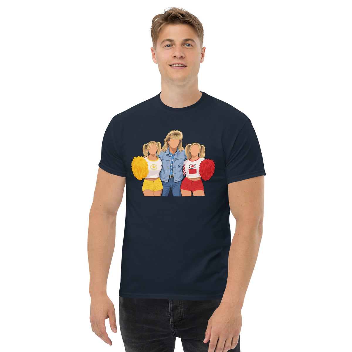 Navy YOU KNOW WHO #003 faceless trio graphic T-shirt, worn front mock-up
