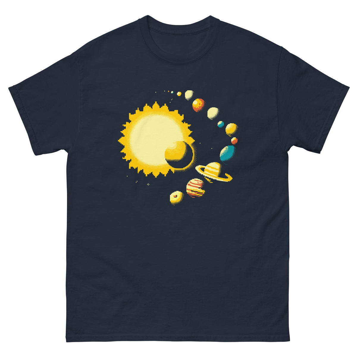 Navy unisex T-shirt showing a pixel-style yellow sun and colourful planets, front view