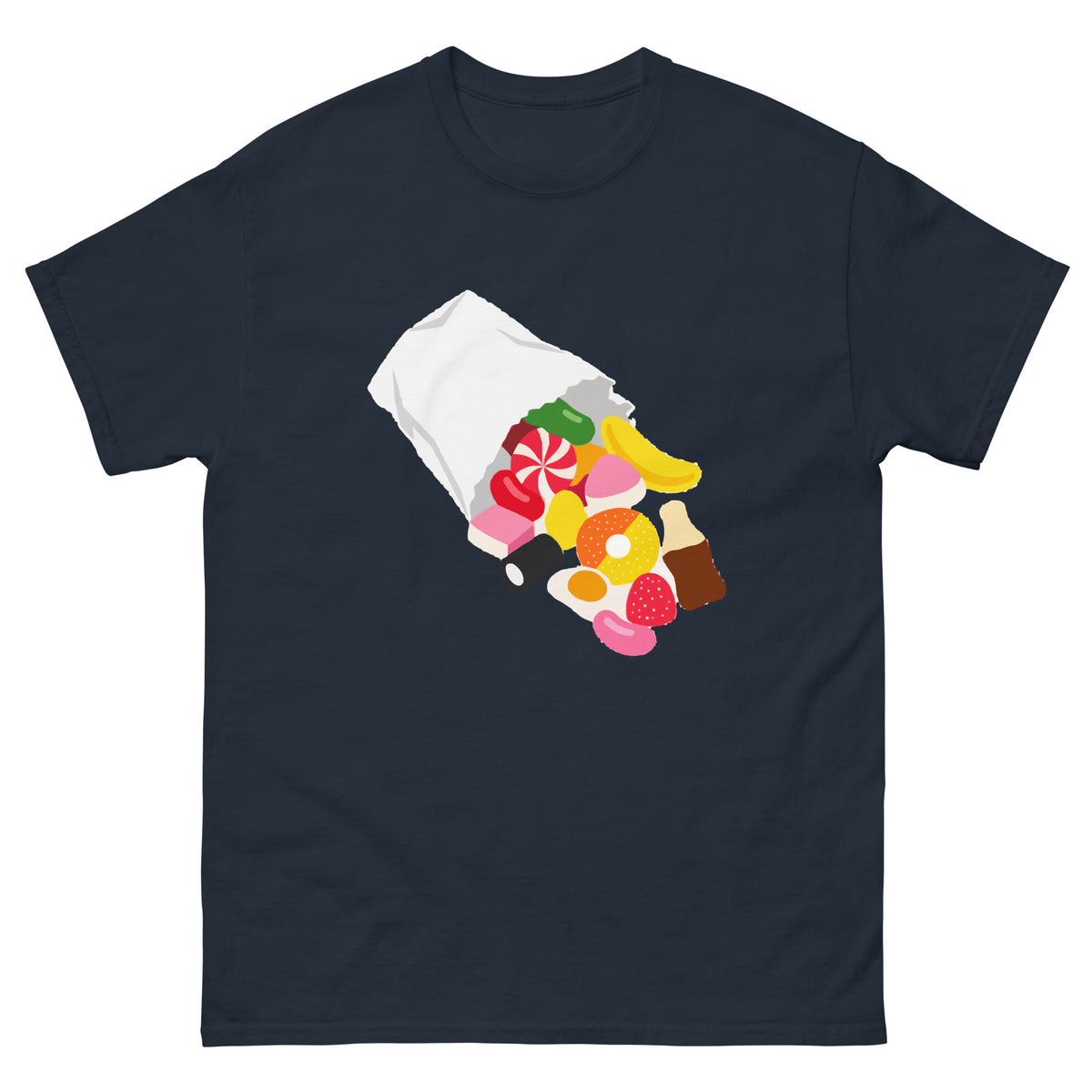 Front of Navy unisex T-shirt showing a paper sweet bag spilling colourful pick-and-mix sweets