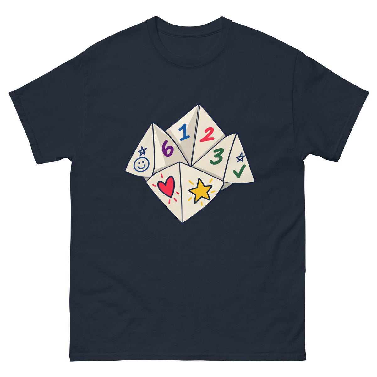 Front of Navy unisex T-shirt showing a numbered paper fortune teller with colourful playground doodles