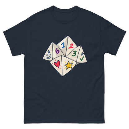 Front of Navy unisex T-shirt showing a numbered paper fortune teller with colourful playground doodles