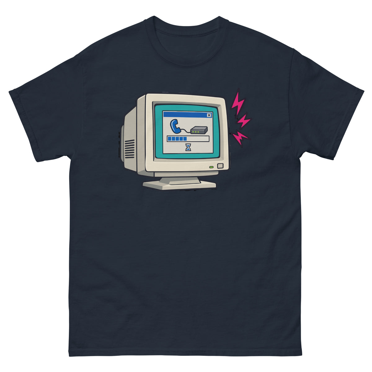 Front of navy Dial-Up Internet Retro Computer T-Shirt with a CRT monitor and modem connection window design