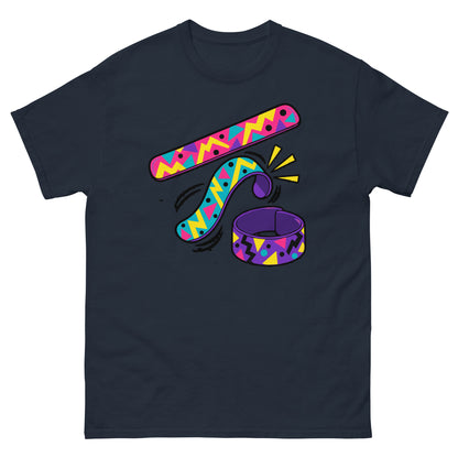 Front of navy Slap Bracelet 90s Playground Nostalgia T-Shirt with colourful straight and curling bracelets