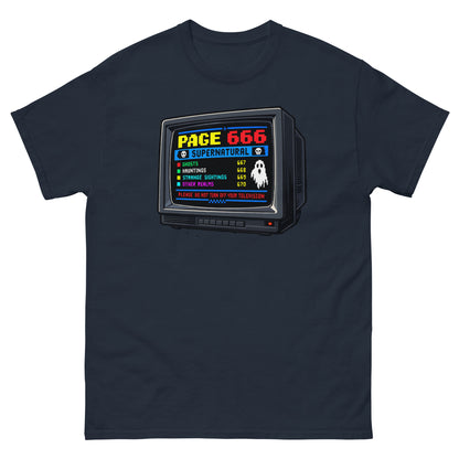 Navy unisex T-shirt with a retro television showing the fictional Page 666 supernatural teletext screen, front view