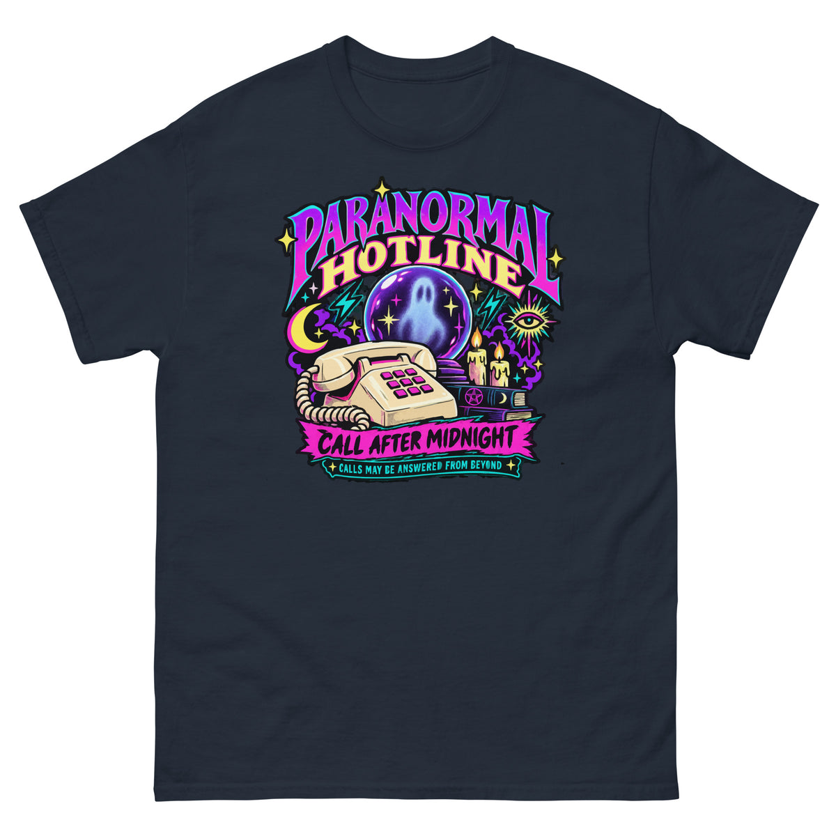 Navy unisex T-shirt with a neon Paranormal Hotline graphic, telephone, ghostly crystal ball and Call After Midnight lettering, front view