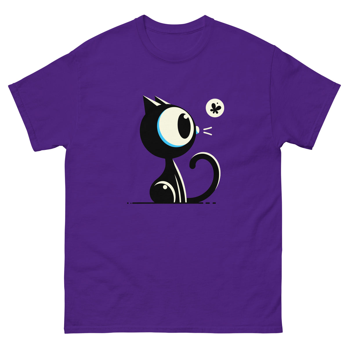 Purple unisex T-shirt showing a wide-eyed black cartoon cat watching a moth, front view