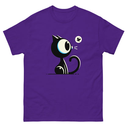 Purple unisex T-shirt showing a wide-eyed black cartoon cat watching a moth, front view