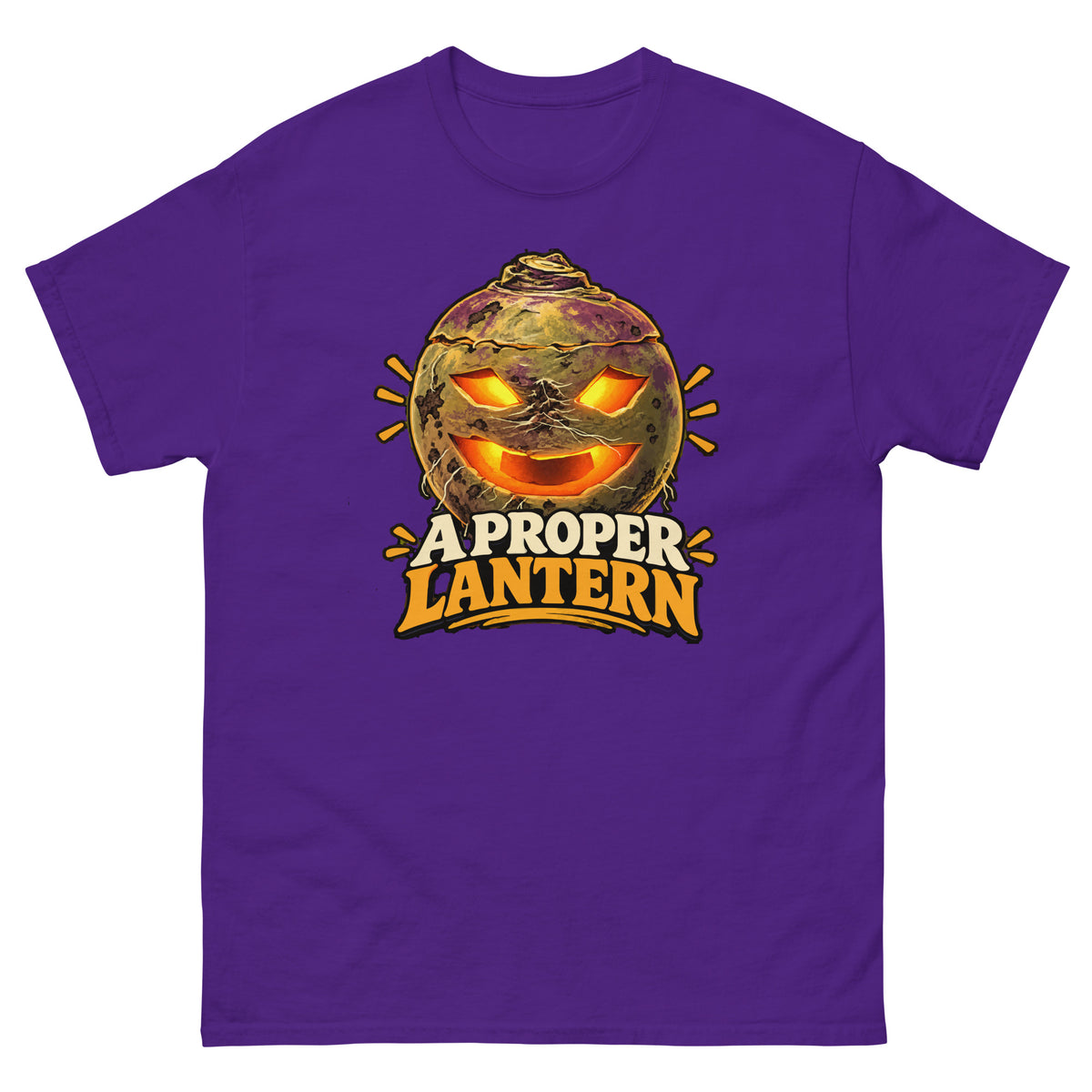 Purple unisex T-shirt with a glowing carved turnip lantern and A Proper Lantern lettering, front view
