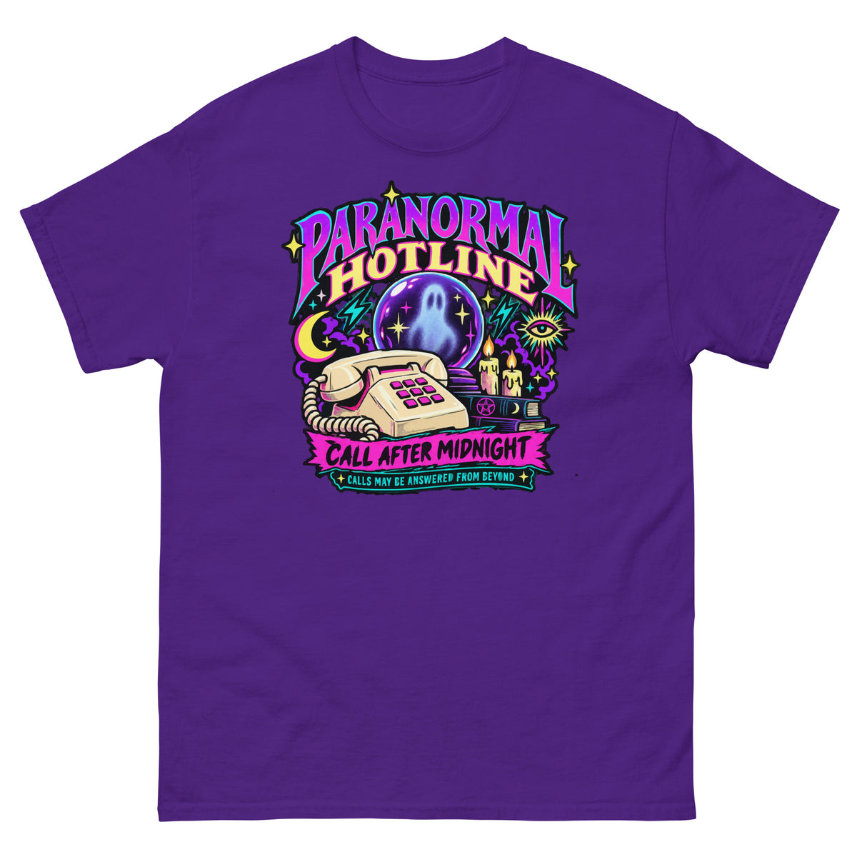 Purple unisex T-shirt with a neon Paranormal Hotline graphic, telephone, ghostly crystal ball and Call After Midnight lettering, front view