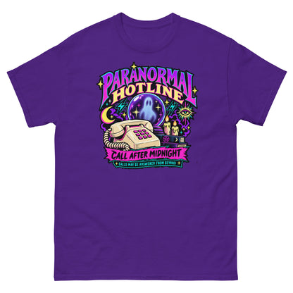 Purple unisex T-shirt with a neon Paranormal Hotline graphic, telephone, ghostly crystal ball and Call After Midnight lettering, front view