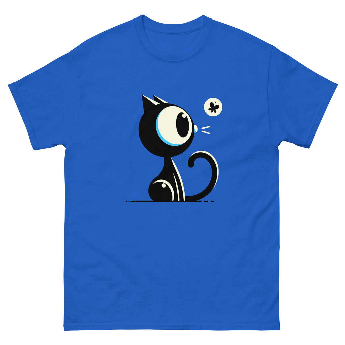 Royal unisex T-shirt showing a wide-eyed black cartoon cat watching a moth, front view