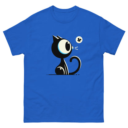 Royal unisex T-shirt showing a wide-eyed black cartoon cat watching a moth, front view