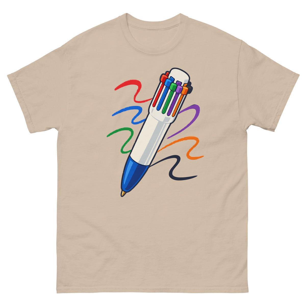 Front of Sand unisex T-shirt showing a multicolour click pen with colourful ink trails