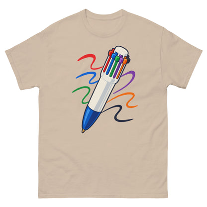 Front of Sand unisex T-shirt showing a multicolour click pen with colourful ink trails