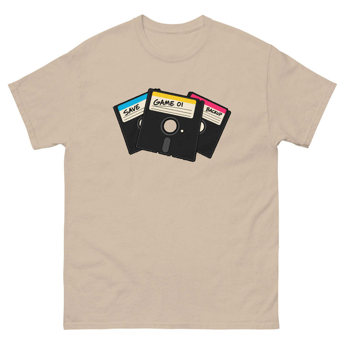 Front of sand 5.25-Inch Floppy Disk Retro Computer T-Shirt with stacked black disks and colourful labels