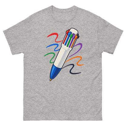 Front of Sport Grey unisex T-shirt showing a multicolour click pen with colourful ink trails