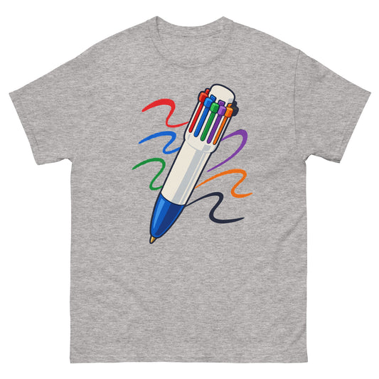 Front of Sport Grey unisex T-shirt showing a multicolour click pen with colourful ink trails