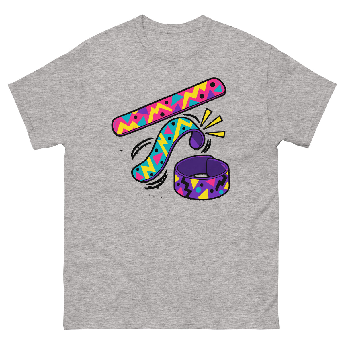 Front of sport grey Slap Bracelet 90s Playground Nostalgia T-Shirt with colourful straight and curling bracelets