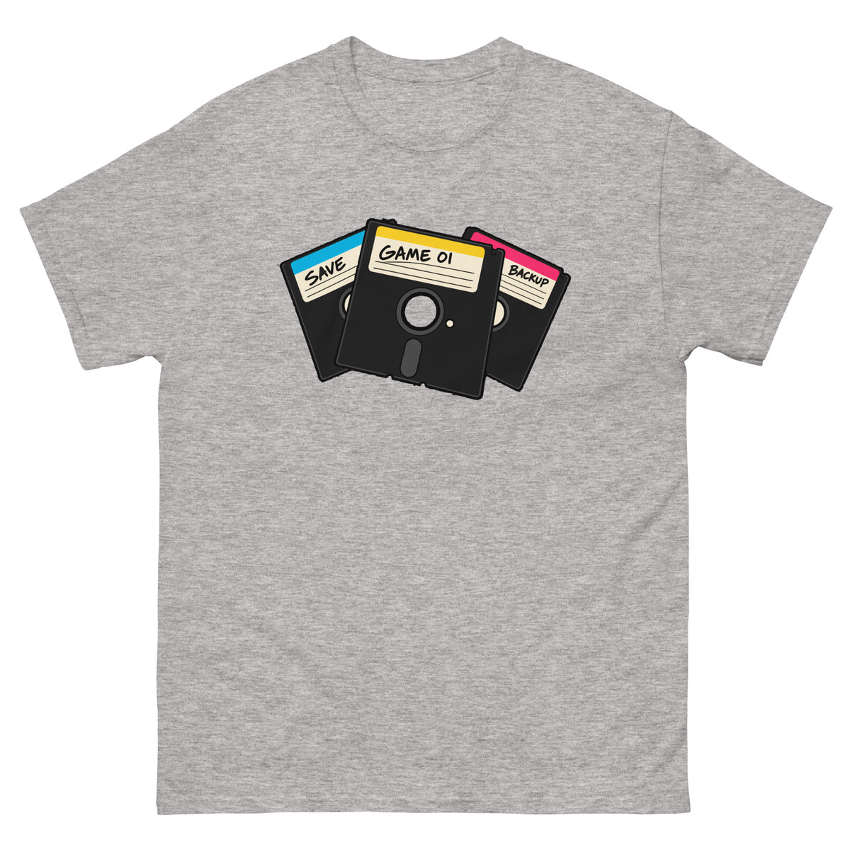 Front of sport grey 5.25-Inch Floppy Disk Retro Computer T-Shirt with stacked black disks and colourful labels