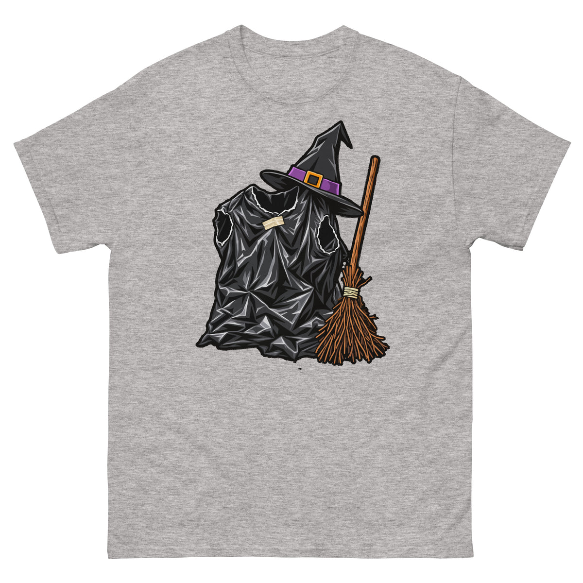 Sport Grey unisex T-shirt with a black bin-liner witch costume, pointed hat with purple band and broom, front view