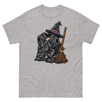 Sport Grey unisex T-shirt with a black bin-liner witch costume, pointed hat with purple band and broom, front view