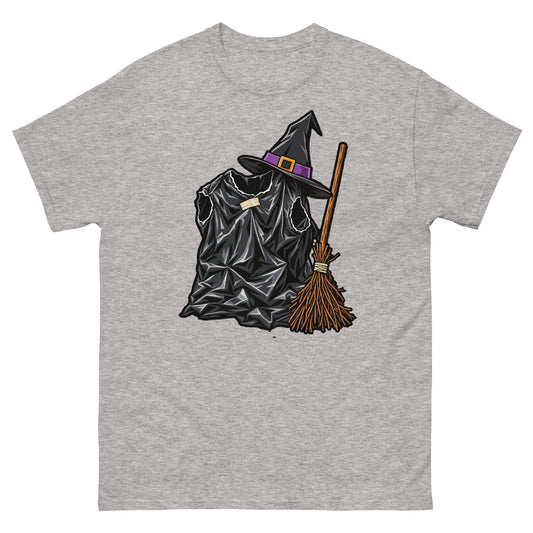 Sport Grey unisex T-shirt with a black bin-liner witch costume, pointed hat with purple band and broom, front view