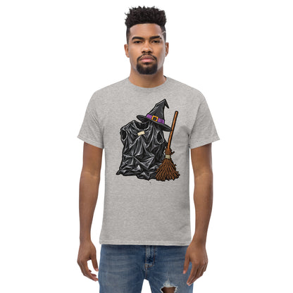 Sport Grey unisex T-shirt with a black bin-liner witch costume, pointed hat with purple band and broom, worn by a model, front view