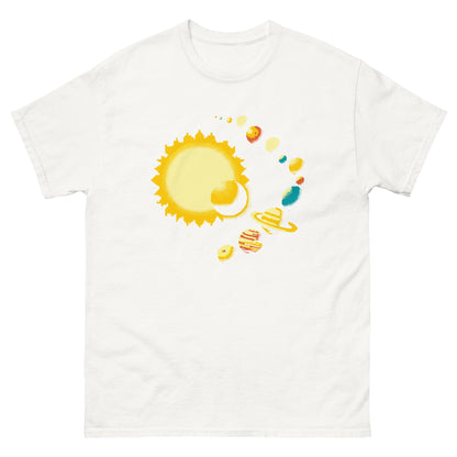 White unisex T-shirt showing a pixel-style yellow sun and colourful planets, front view
