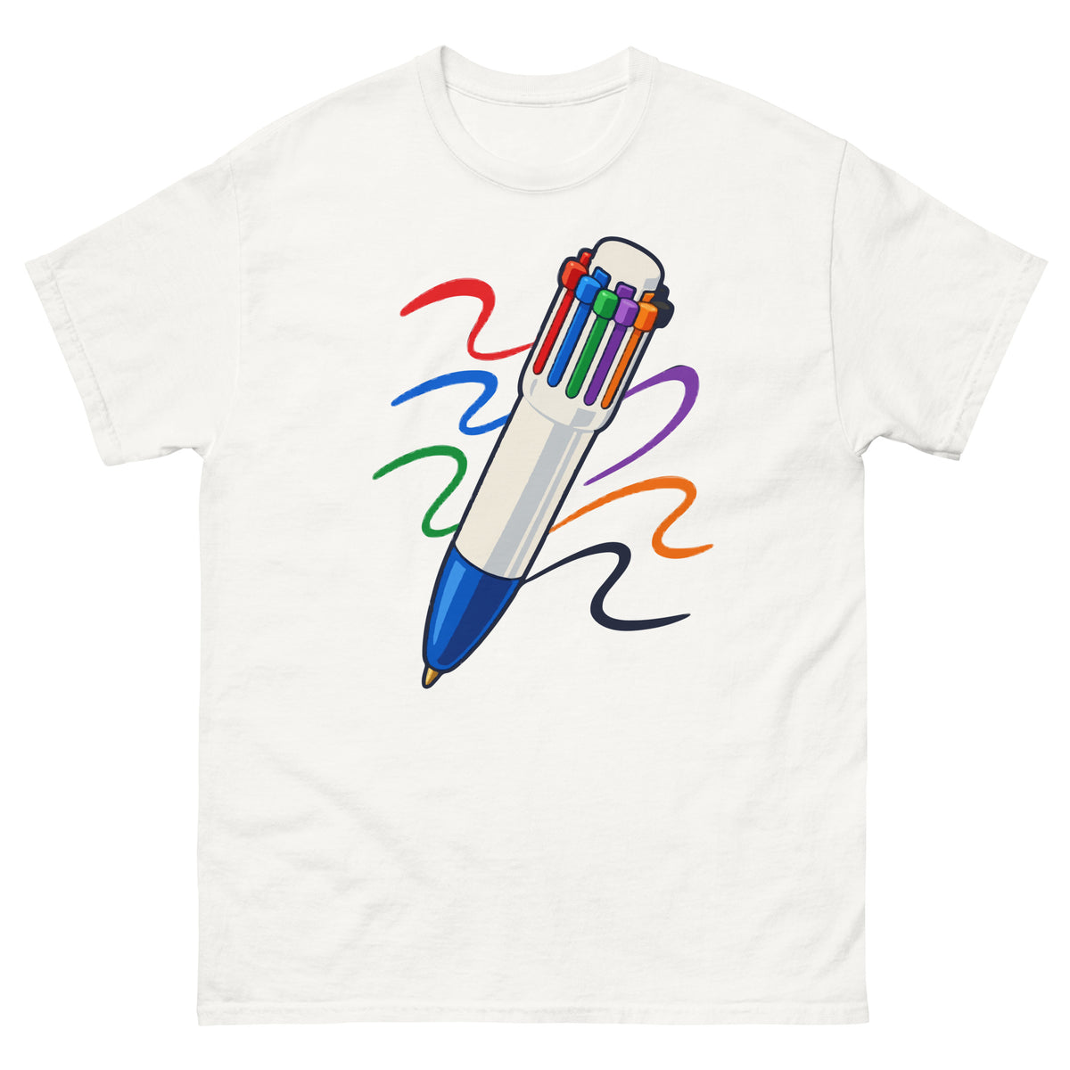 Front of White unisex T-shirt showing a multicolour click pen with colourful ink trails