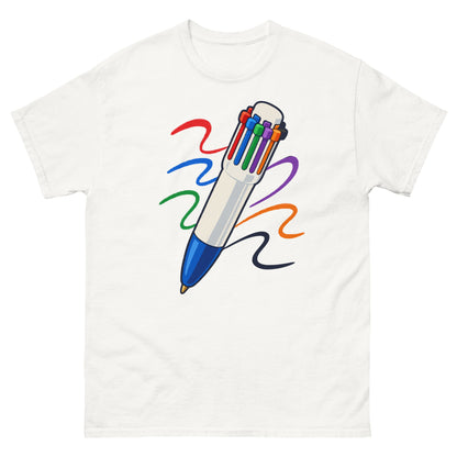 Front of White unisex T-shirt showing a multicolour click pen with colourful ink trails
