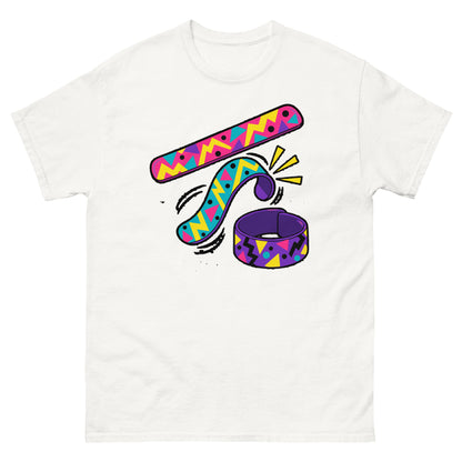 Front of white Slap Bracelet 90s Playground Nostalgia T-Shirt with colourful straight and curling bracelets
