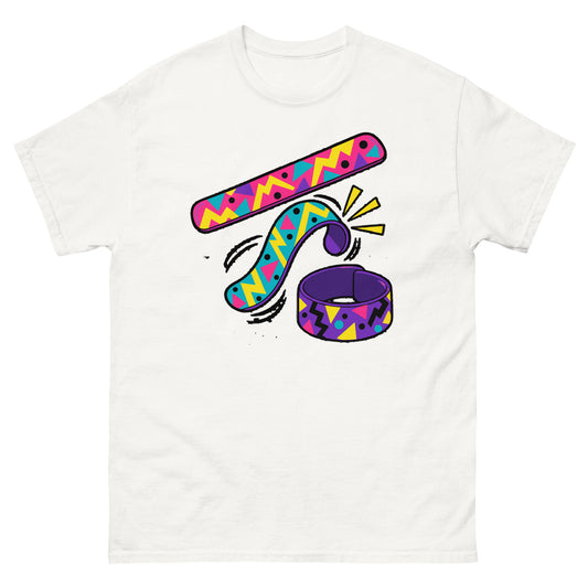 Front of white Slap Bracelet 90s Playground Nostalgia T-Shirt with colourful straight and curling bracelets