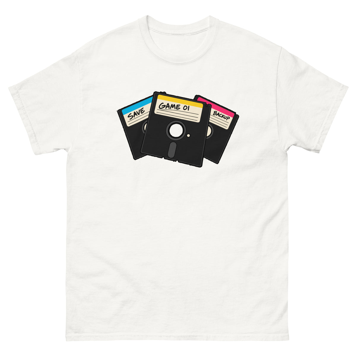 Front of white 5.25-Inch Floppy Disk Retro Computer T-Shirt with stacked black disks and colourful labels