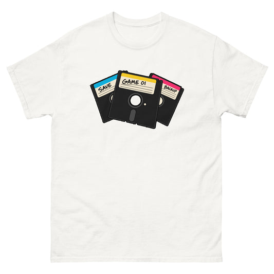 Front of white 5.25-Inch Floppy Disk Retro Computer T-Shirt with stacked black disks and colourful labels
